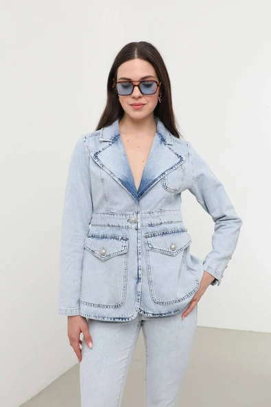 Kadın Uzun Kollu Tek Düğmeli Jean Ceket Açık Mavi - 6