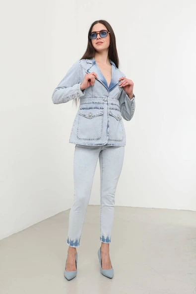 Kadın Uzun Kollu Tek Düğmeli Jean Ceket Açık Mavi - 4