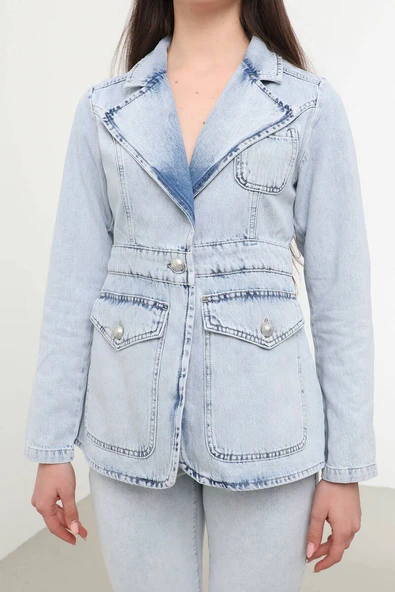 Kadın Uzun Kollu Tek Düğmeli Jean Ceket Açık Mavi - 8