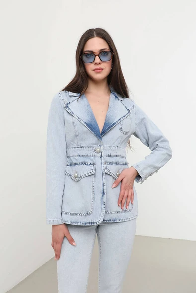 Kadın Uzun Kollu Tek Düğmeli Jean Ceket Açık Mavi - 5