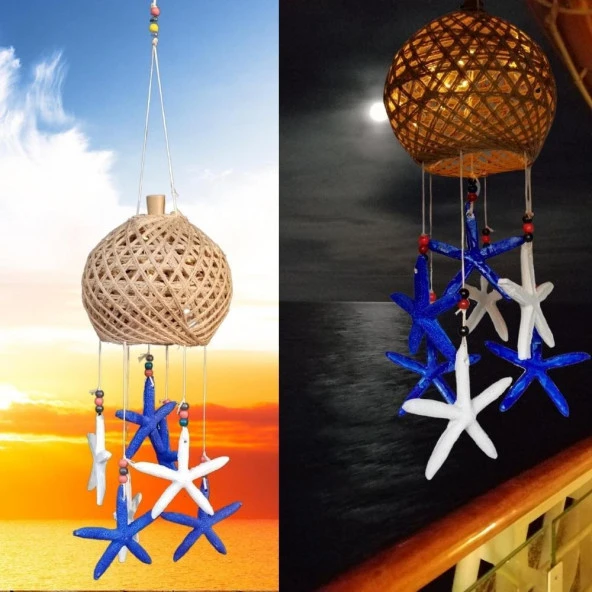 Rüzgar Çanı Jüt ip Hasır Top Kafesli Led Işıklı Lamba Marin Deniz Yıldızı - Resim 4