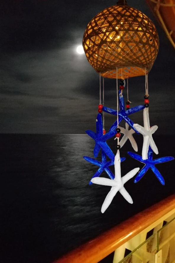 Rüzgar Çanı Jüt ip Hasır Top Kafesli Led Işıklı Lamba Marin Deniz Yıldızı - Resim 6