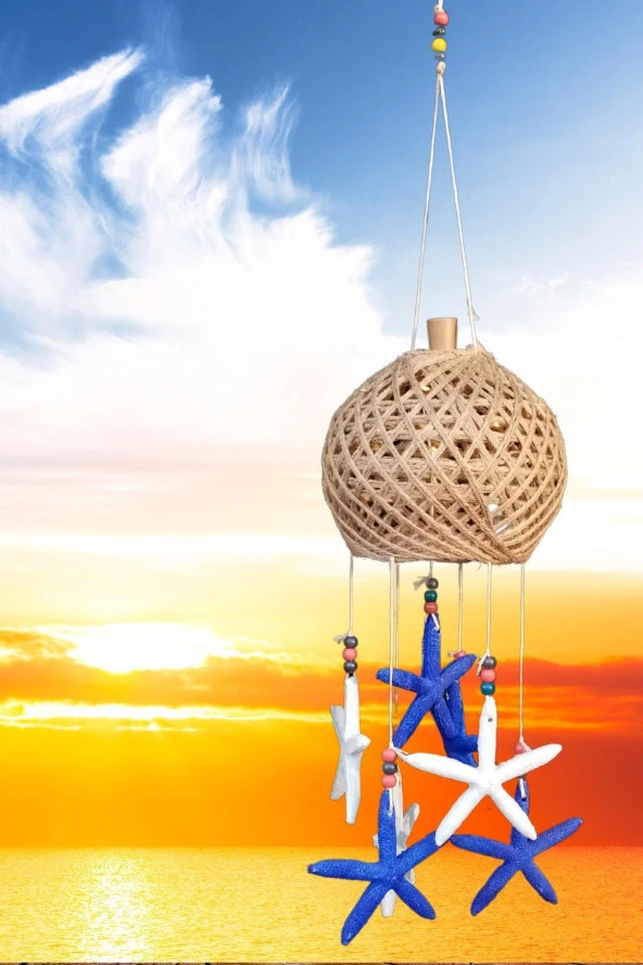 Rüzgar Çanı Jüt ip Hasır Top Kafesli Led Işıklı Lamba Marin Deniz Yıldızı - Resim 9