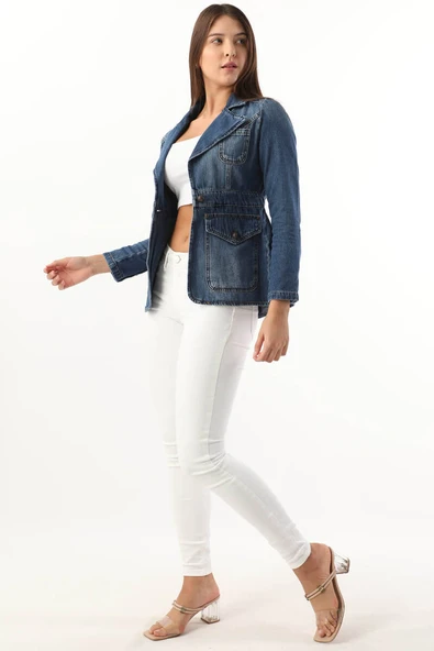 Kadın Uzun Kollu Tek Düğmeli Jean Ceket Mavi - 5