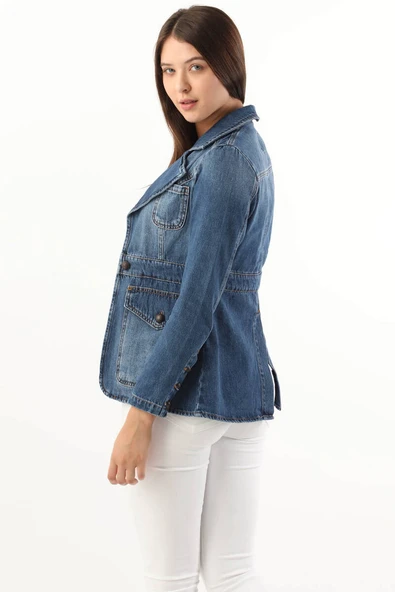 Kadın Uzun Kollu Tek Düğmeli Jean Ceket Mavi - 6