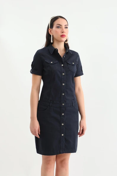 Kadın Düğmeli Jean Elbise - 7