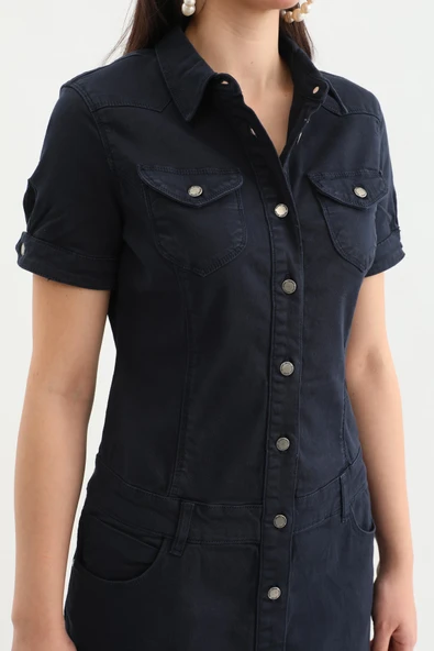 Kadın Düğmeli Jean Elbise - 9