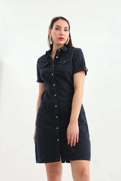 Kadın Düğmeli Jean Elbise - 5