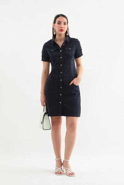 Kadın Düğmeli Jean Elbise - 3