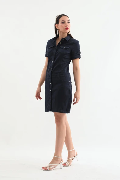 Kadın Düğmeli Jean Elbise - 4