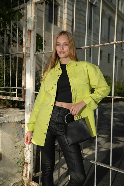 Kadın Oversize Jean Gömlek Neon Yeşil - 3