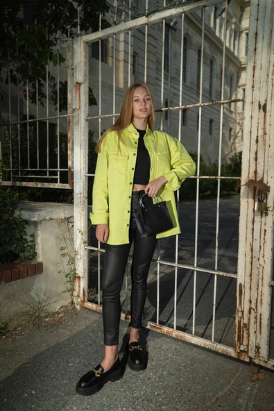 Kadın Oversize Jean Gömlek Neon Yeşil - 4