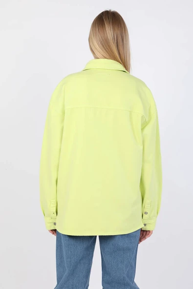 Kadın Oversize Jean Gömlek Neon Yeşil - 9