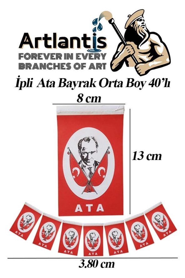 İpli Ata Bayrak Orta Boy 40lı 8x13cm 1 Paket Atalı Bayrak Kağıt İpli Sıralı Ayyıldız Bayrak Sınıf Süsü Okul Bayram