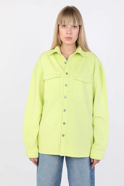 Kadın Oversize Jean Gömlek Neon Yeşil - 8