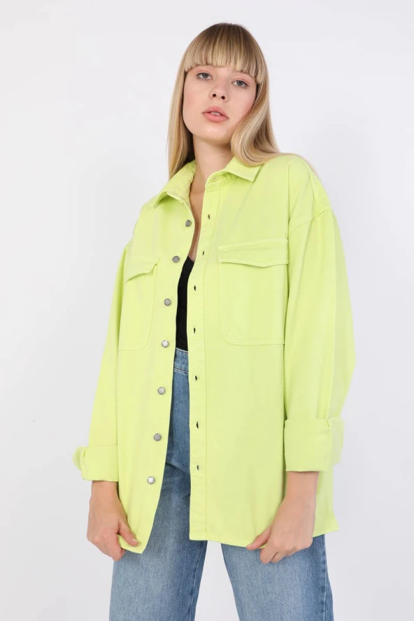 Kadın Oversize Jean Gömlek Neon Yeşil