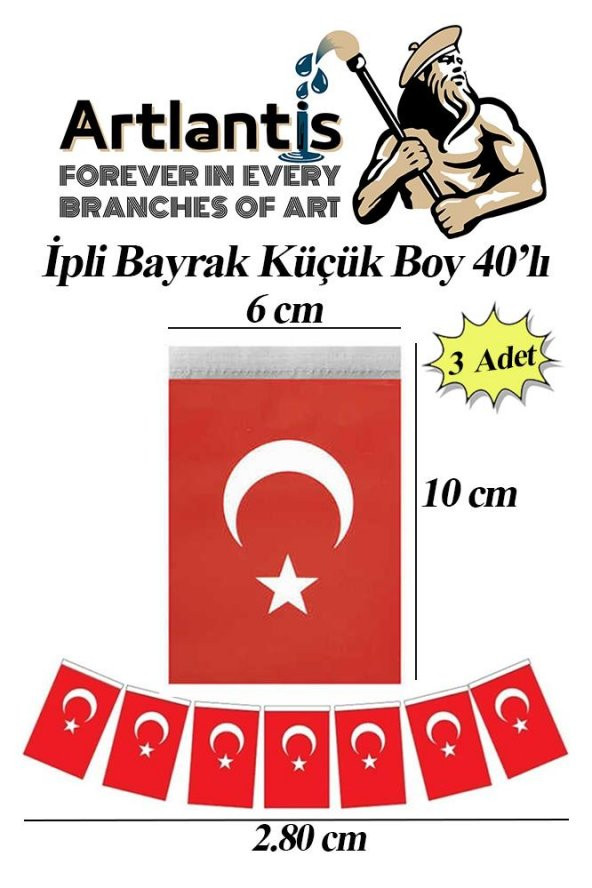 İpli Bayrak Küçük Boy 40lı 6x10cm 3 Paket Türk Bayrağı Kağıt İpli Sıralı Ayyıldız Bayrak Sınıf Süsü Okul Bayram