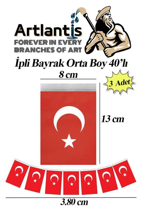 İpli Bayrak Orta Boy 40lı 8x13cm 3 Paket Türk Bayrağı Kağıt İpli Sıralı Ayyıldız Bayrak Sınıf Süsü Okul Bayram