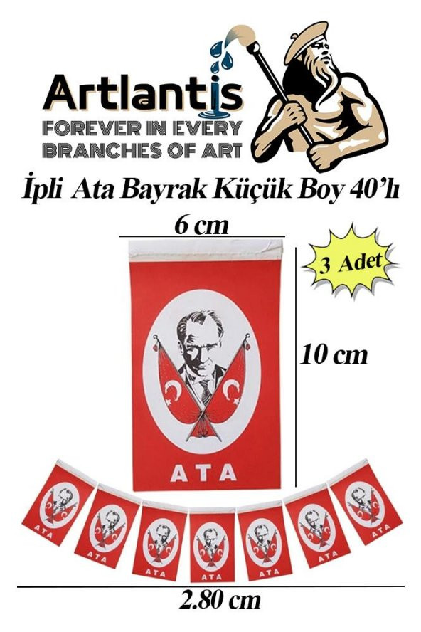 İpli Ata Bayrak Küçük Boy 40lı 6x10cm 3 Paket Atalı Bayrak Kağıt İpli Sıralı Ayyıldız Bayrak Sınıf Süsü Okul Bayram