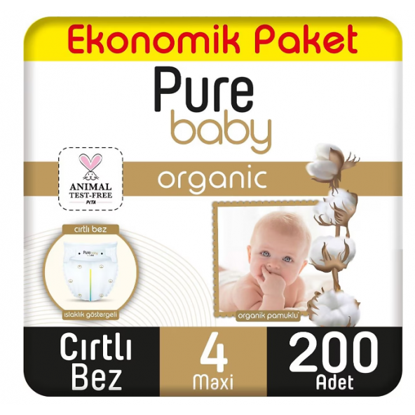 Pure Baby Organik Pamuklu 4 Numara Maxi 200'lü Bebek Bezi