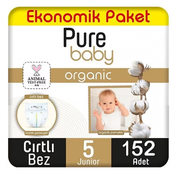 Pure Baby Organik Pamuklu 5 Numara Junior 152'li Bebek Bezi