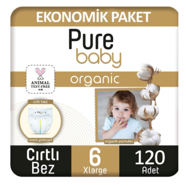 Pure Baby Organik Pamuklu 6 Numara Junior 120'li Bebek Bezi