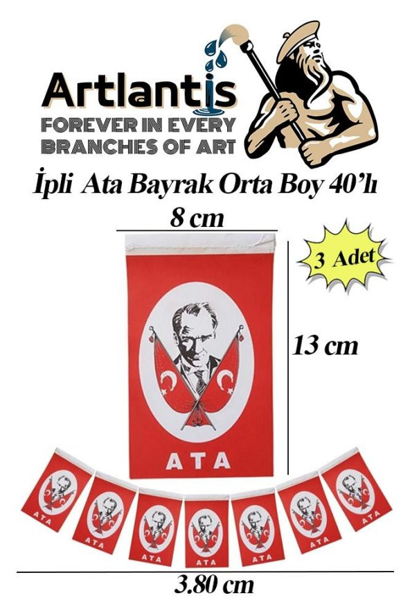 İpli Ata Bayrak Orta Boy 40lı 8x13cm 3 Paket Atalı Bayrak Kağıt İpli Sıralı Ayyıldız Bayrak Sınıf Süsü Okul Bayram