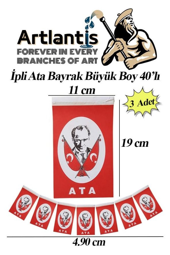 İpli Ata Bayrak Büyük Boy 40lı 11x19cm 3 Paket Ata Bayrak Kağıt İpli Sıralı Ayyıldız Bayrak Sınıf Süsü Okul Bayram