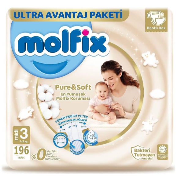 Molfix Pure&Soft 3 Numara Midi 196'lı Bebek Bezi