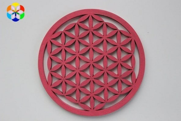 Yaşam Çiçeği Ahşap Bardak Altlığı & Küçük Grid Pembe Renkli (10 cm)