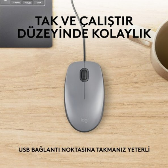 Logitech M110 Sessiz Tam Boyutlu Kablolu Usb-A Bağlantılı Optik Mouse - Gri - 4