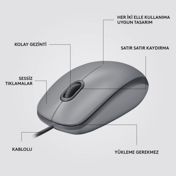 Logitech M110 Sessiz Tam Boyutlu Kablolu Usb-A Bağlantılı Optik Mouse - Gri - 7