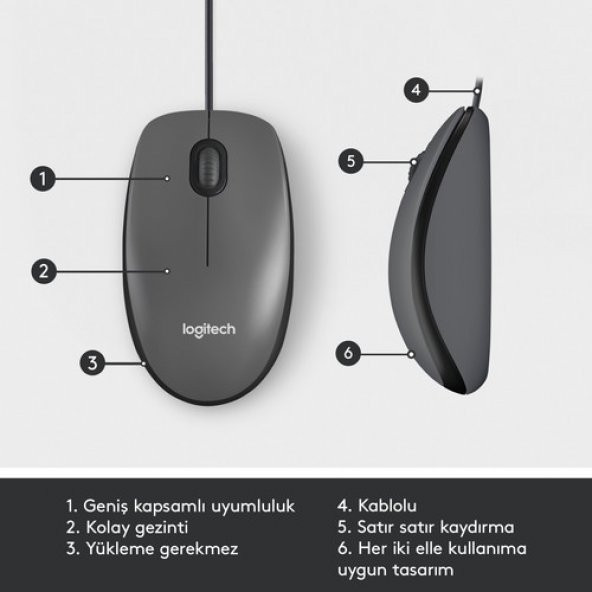 Logitech M100 Kablolu 1.000 Dpi USB Optik Mouse - Siyah - 6