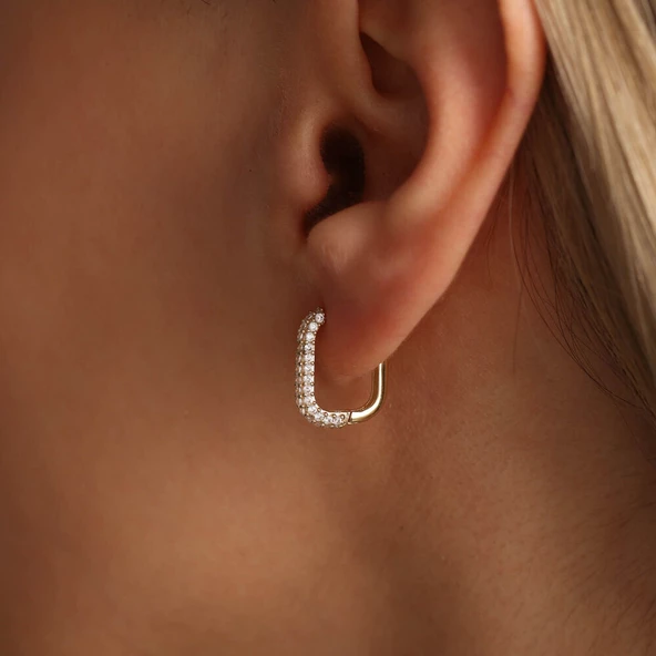 Taşlı Altın Halka Küpe Kare Form 1.5 cm - Resim 2