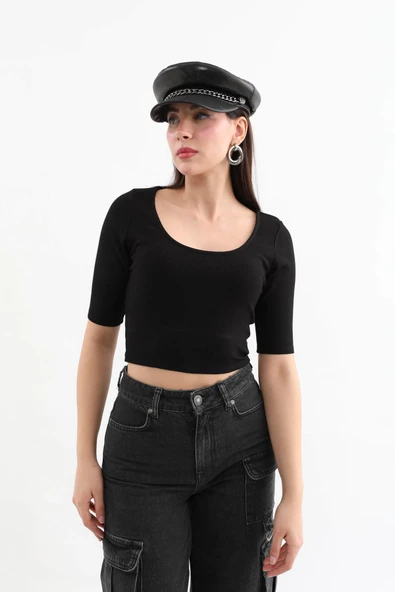 Yarım Kol Fitilli Crop Top Siyah - 7