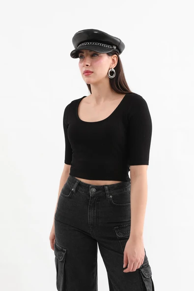 Yarım Kol Fitilli Crop Top Siyah - 5