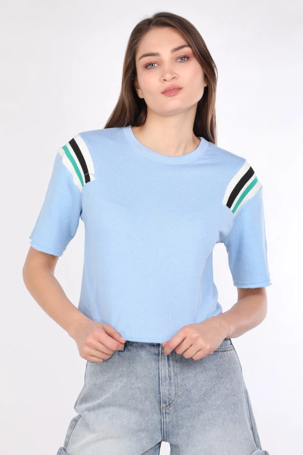 Kadın Ribanalı Crop T-shirt Mavi