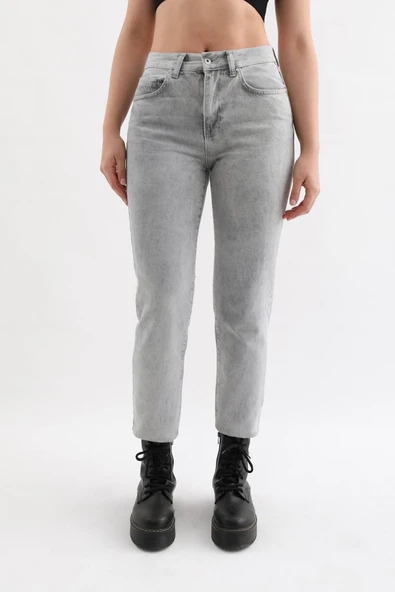 Kadın Açık Gri Yüksek Bel Jean Pantolon - 8