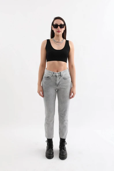 Kadın Açık Gri Yüksek Bel Jean Pantolon - 6