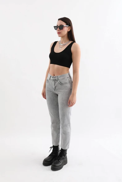 Kadın Açık Gri Yüksek Bel Jean Pantolon - 5