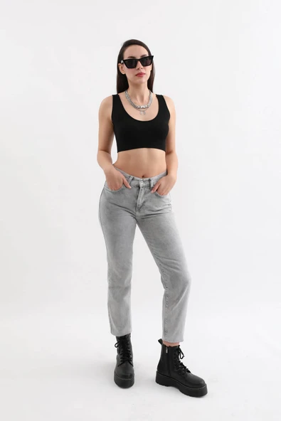 Kadın Açık Gri Yüksek Bel Jean Pantolon - 2