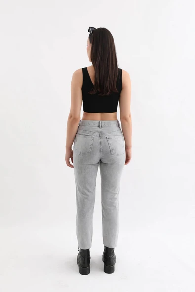Kadın Açık Gri Yüksek Bel Jean Pantolon - 7