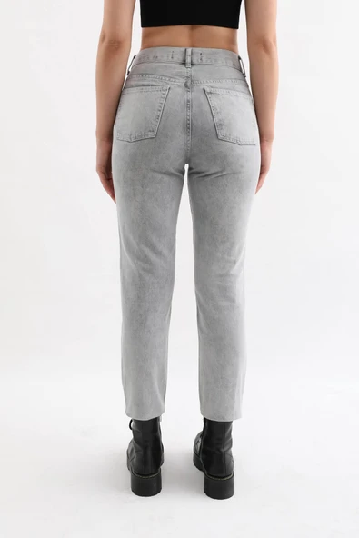 Kadın Açık Gri Yüksek Bel Jean Pantolon - 9