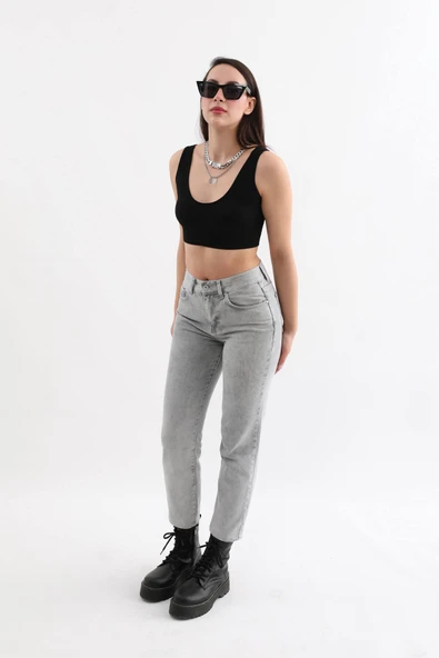 Kadın Açık Gri Yüksek Bel Jean Pantolon - 4