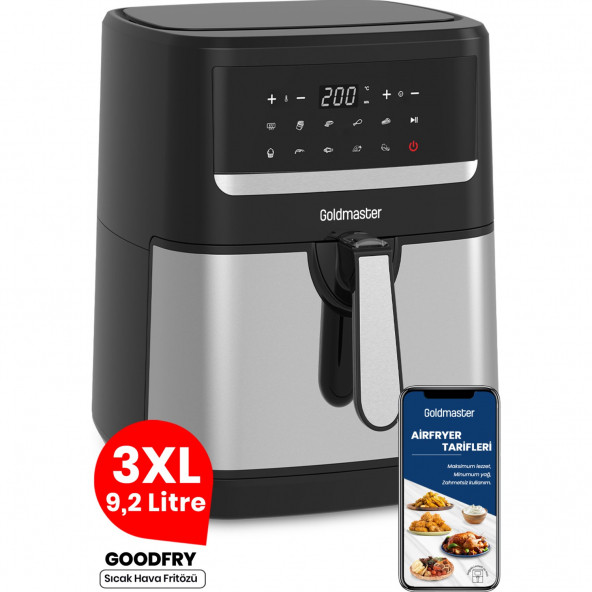 GoldMaster Goodfry 1800w 9,2 Litre 3xl Dev Hazneli Dokunmatik 10 Ön Ayarlı Airfryer Yağsız Sıcak Hava Fritözü