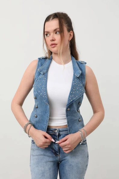 Kadın Taşlı Slim Fit Yelek - 5