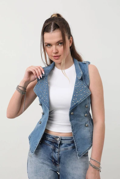 Kadın Taşlı Slim Fit Yelek - Resim 5