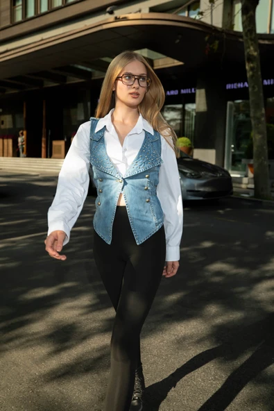 Kadın Taşlı Slim Fit Yelek - Resim 3