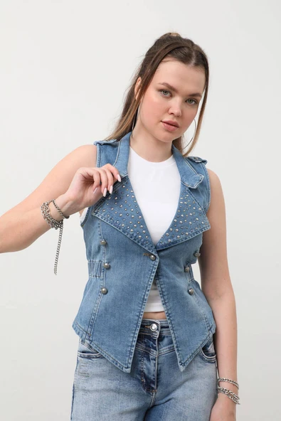 Kadın Taşlı Slim Fit Yelek - Resim 7