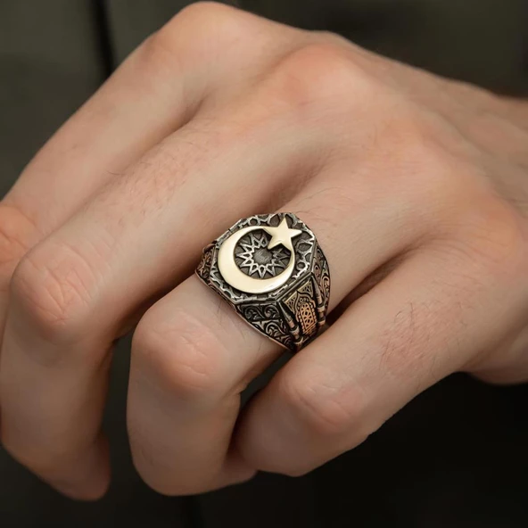 Ayyıldız Motifli 925 Gümüş Erkek Yüzük - Resim 6